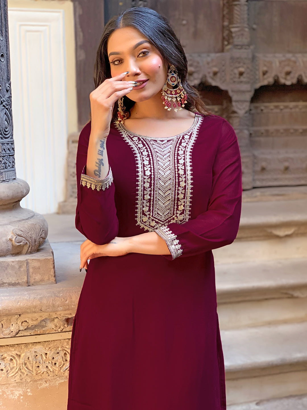 Wine Silk Embroidery Kurta