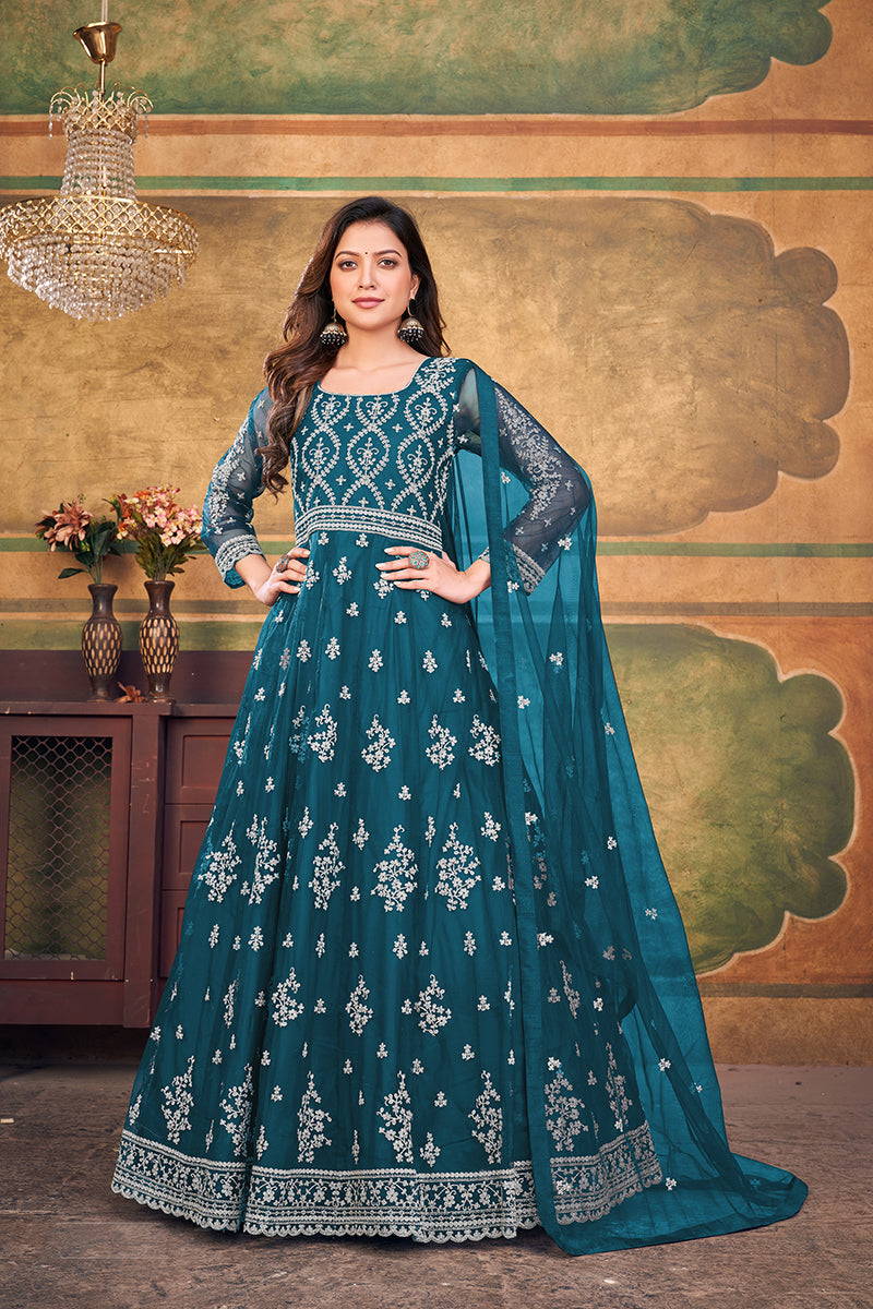 Teal-BlueNetEmbroideredKurta