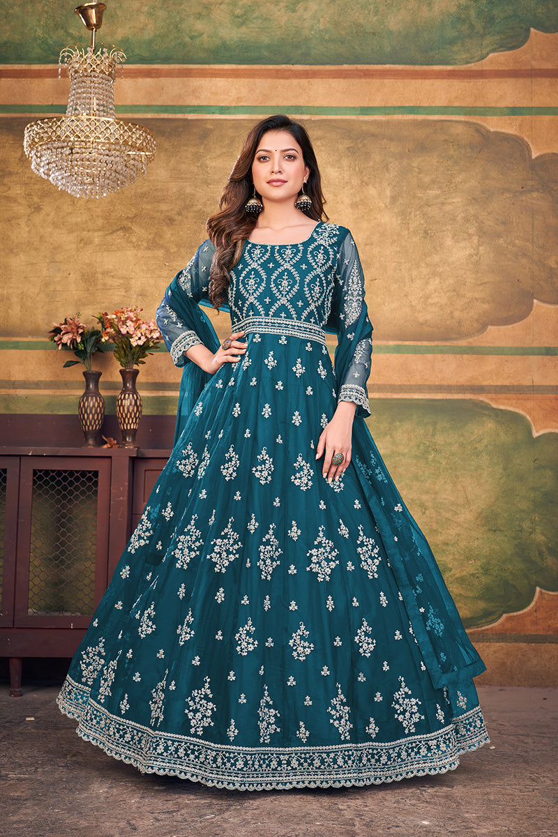 Teal-BlueNetEmbroideredKurta