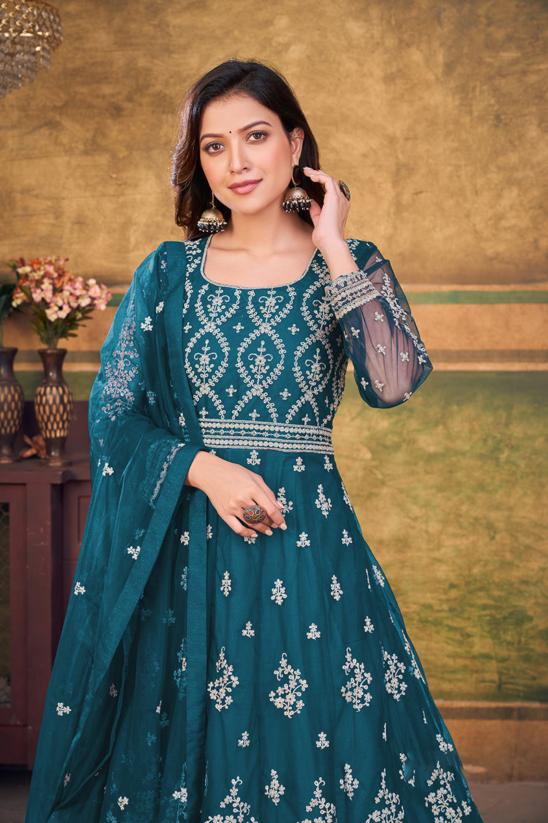 Teal-BlueNetEmbroideredKurta