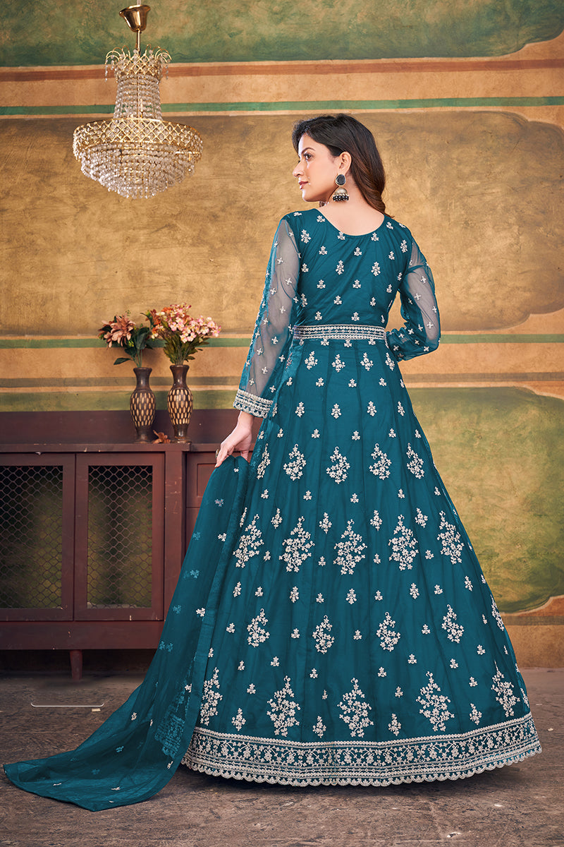 Teal-BlueNetEmbroideredKurta