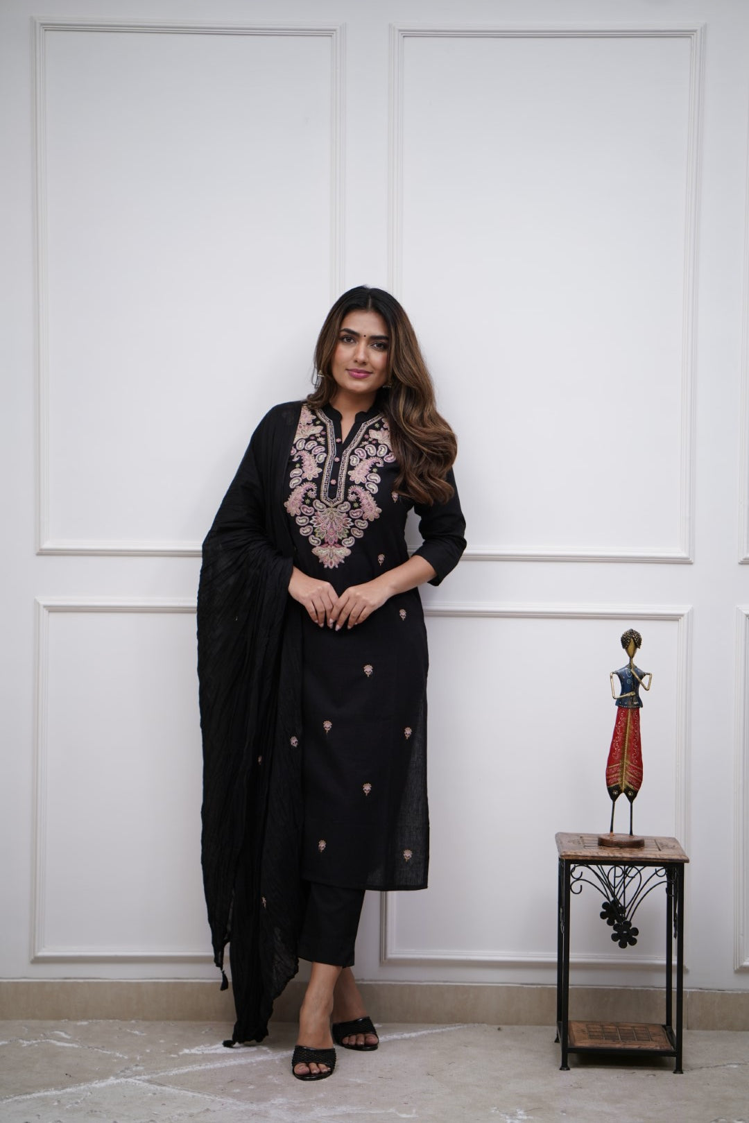 Black Embroidered Straight Kurta Set