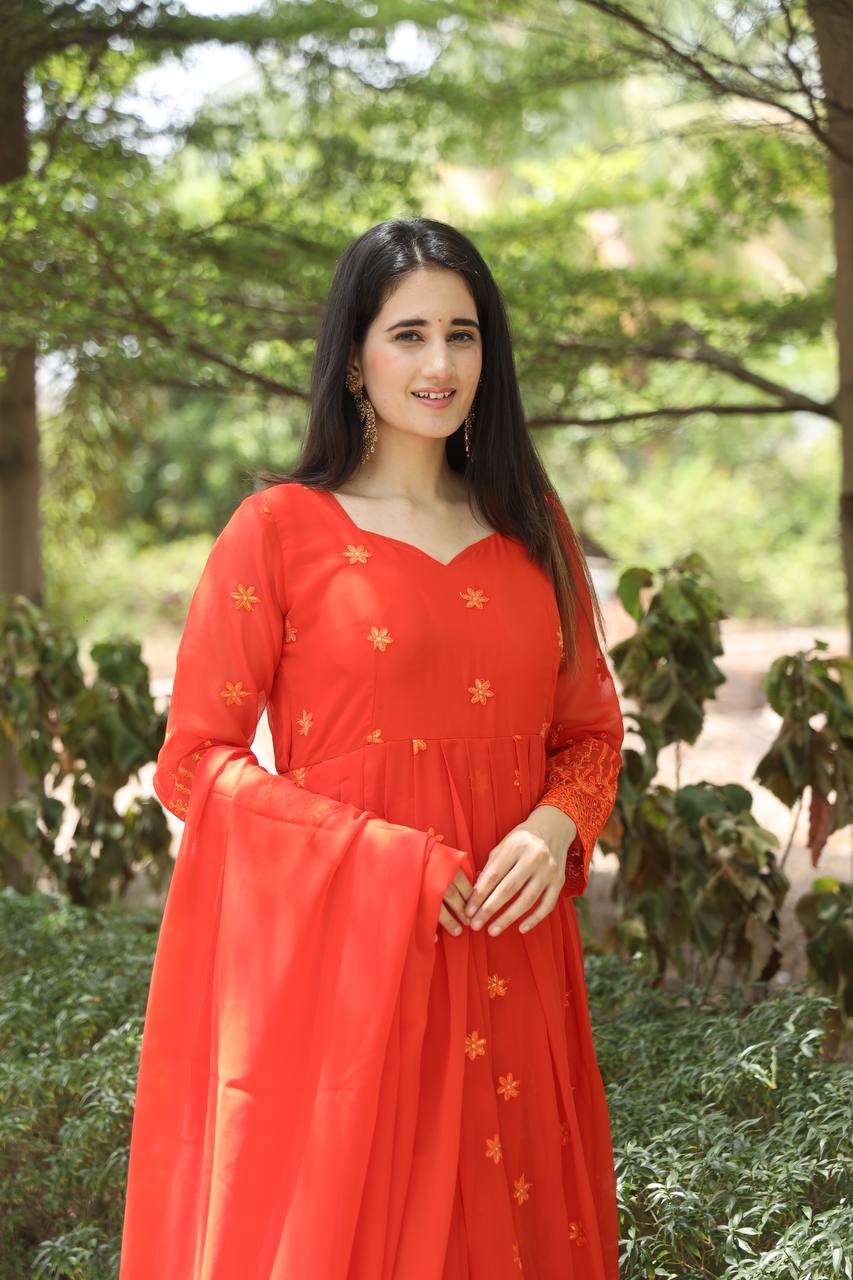 Red Tonal Embroidered Anarkali Kurta Set