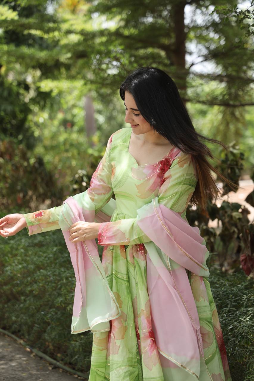 Green Floral Printed Anarkali Kurta Set
