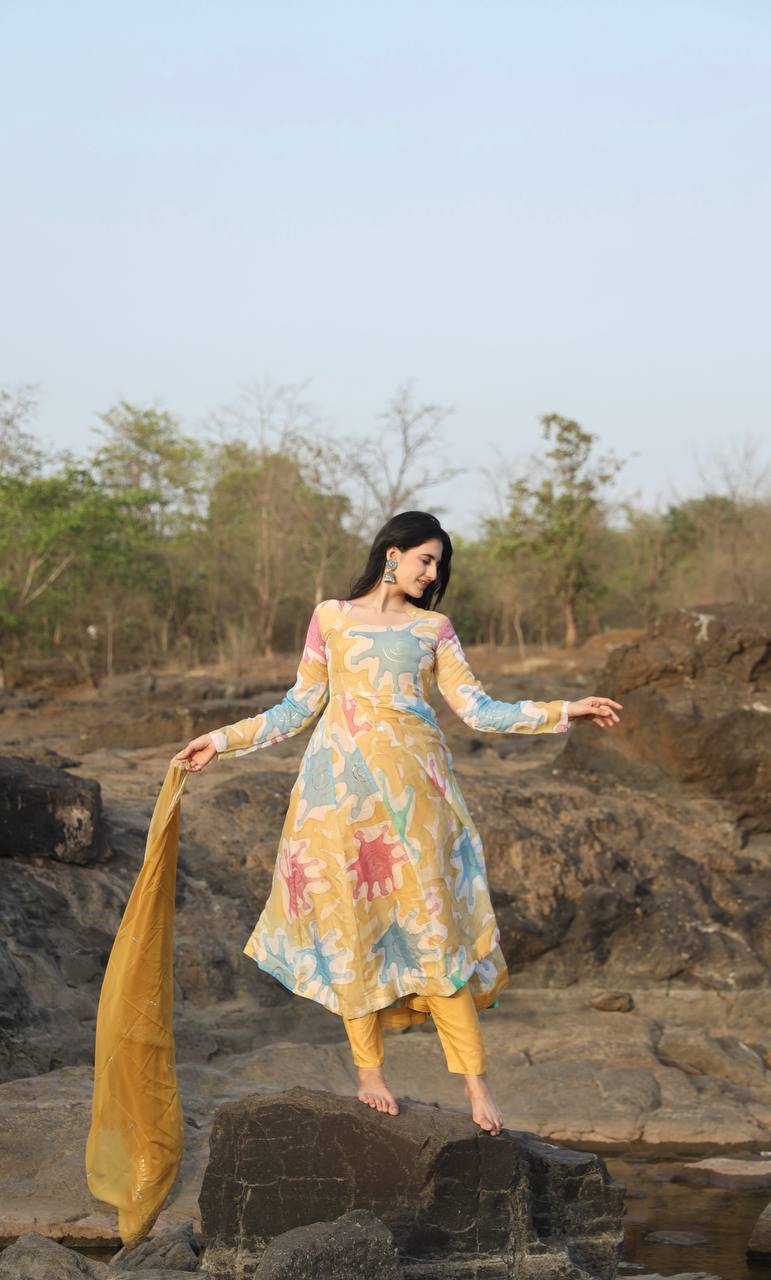 Yellow Abstract Print Anarkali Kurta Set