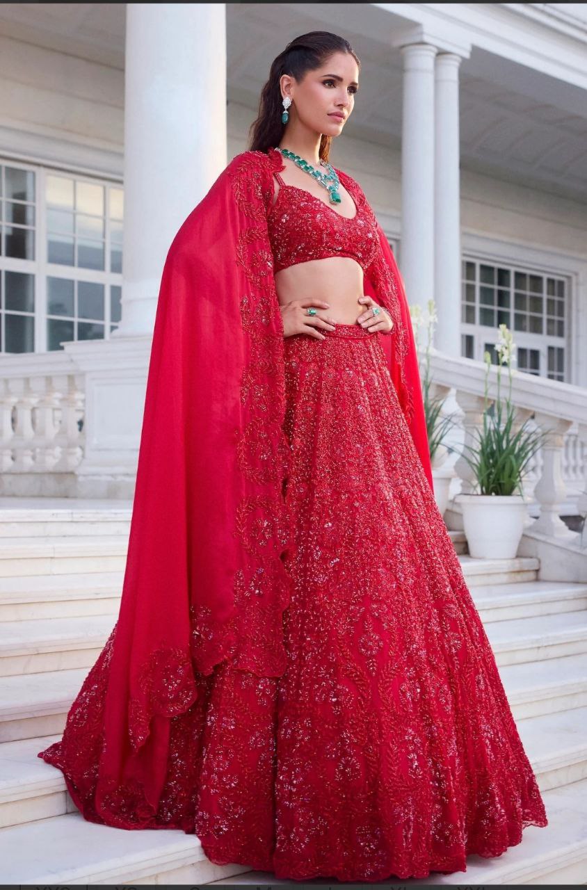 Red Silk Sequin work Lehenga