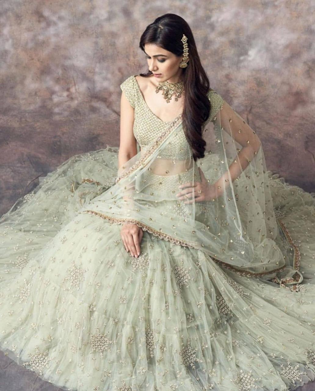 Light Green Sequin Work Mesh Lehenga