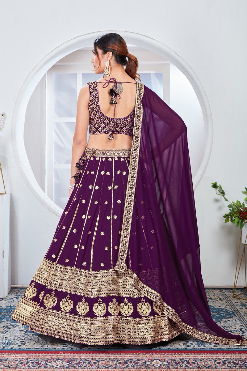 Wine Zari Work Floral Buta Lehenga