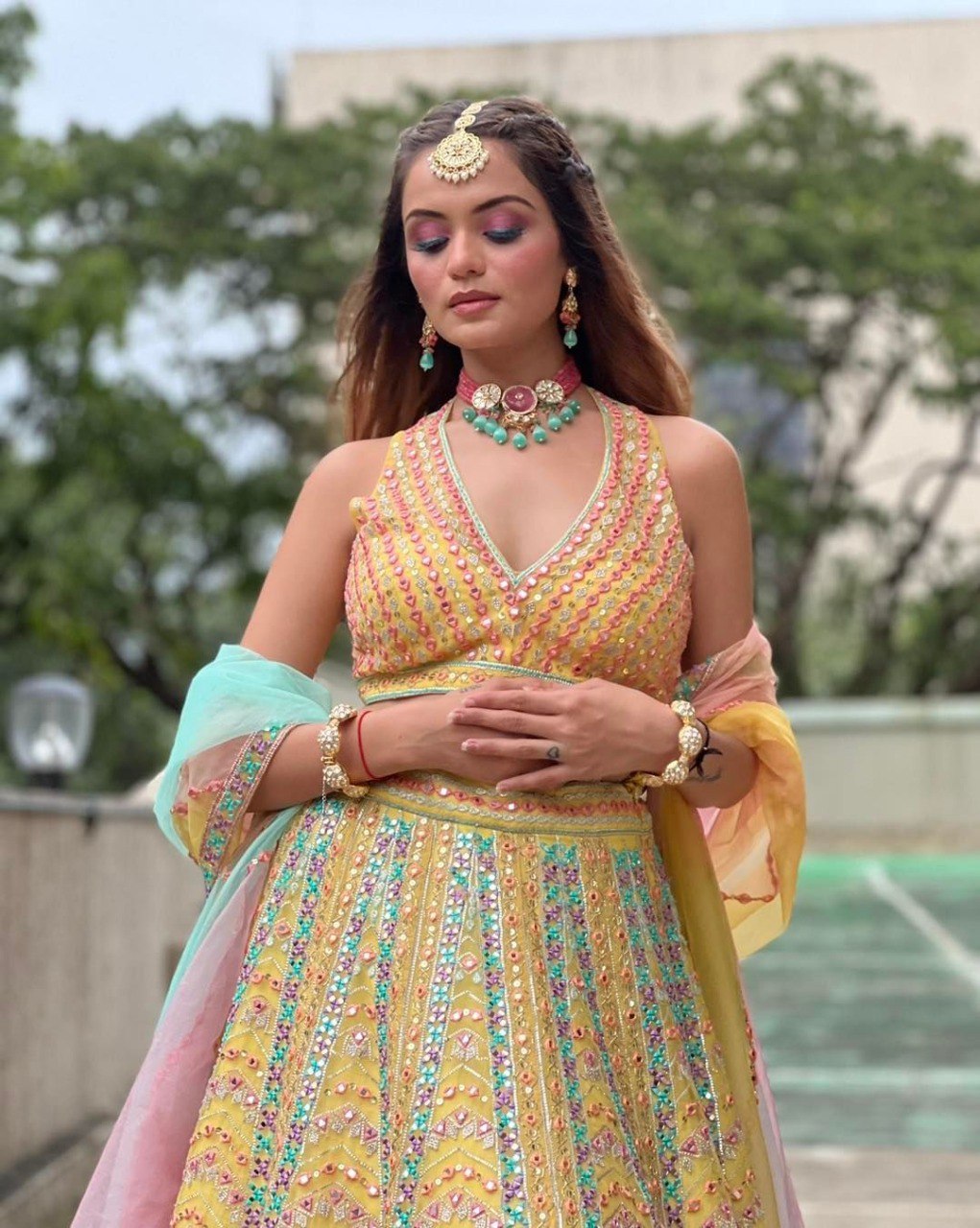 Yellow Multi Color Thread Embroidered Lehenga
