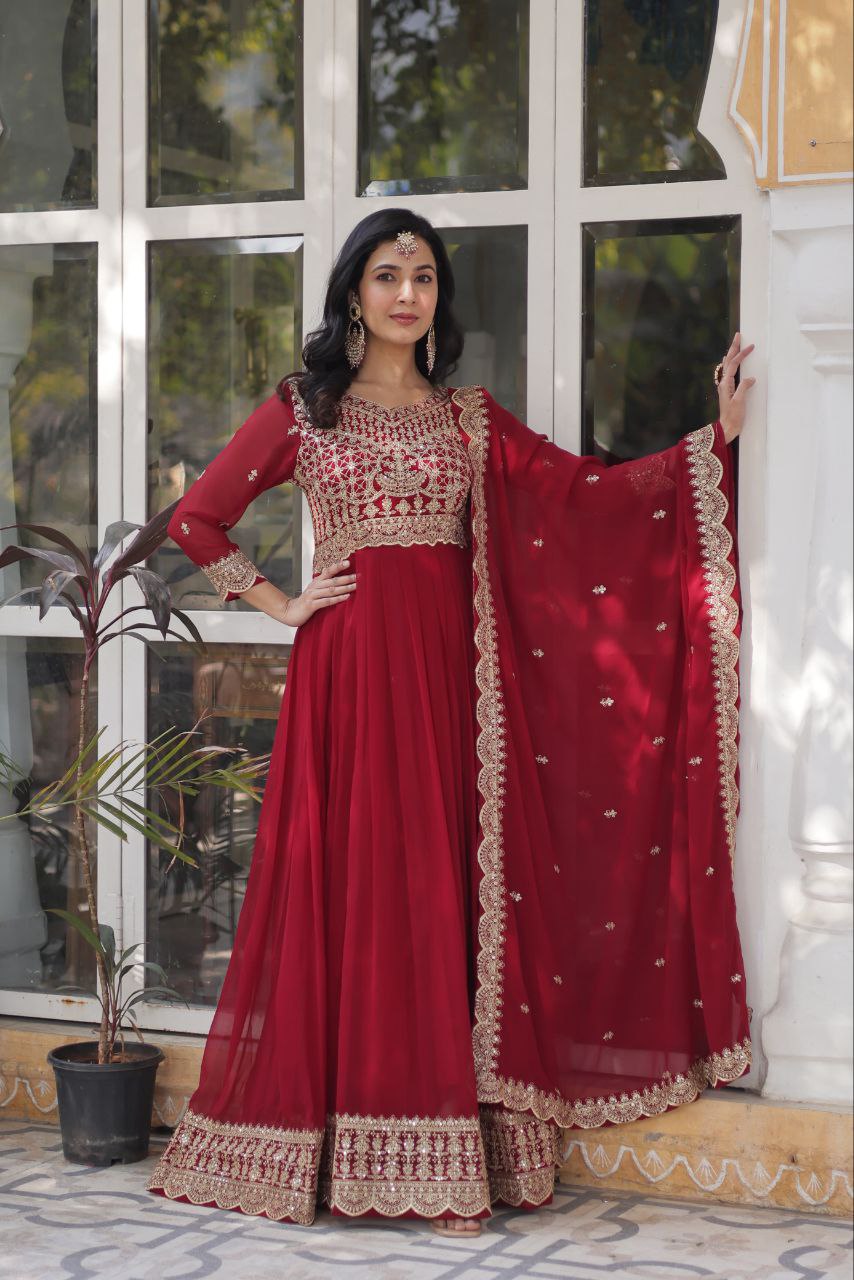 Maroon Embroidery Work Georgette Lehenga