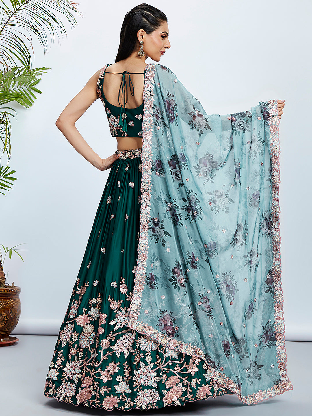 Green Pure Georgette Sequins and thread embroidery Lehenga Set