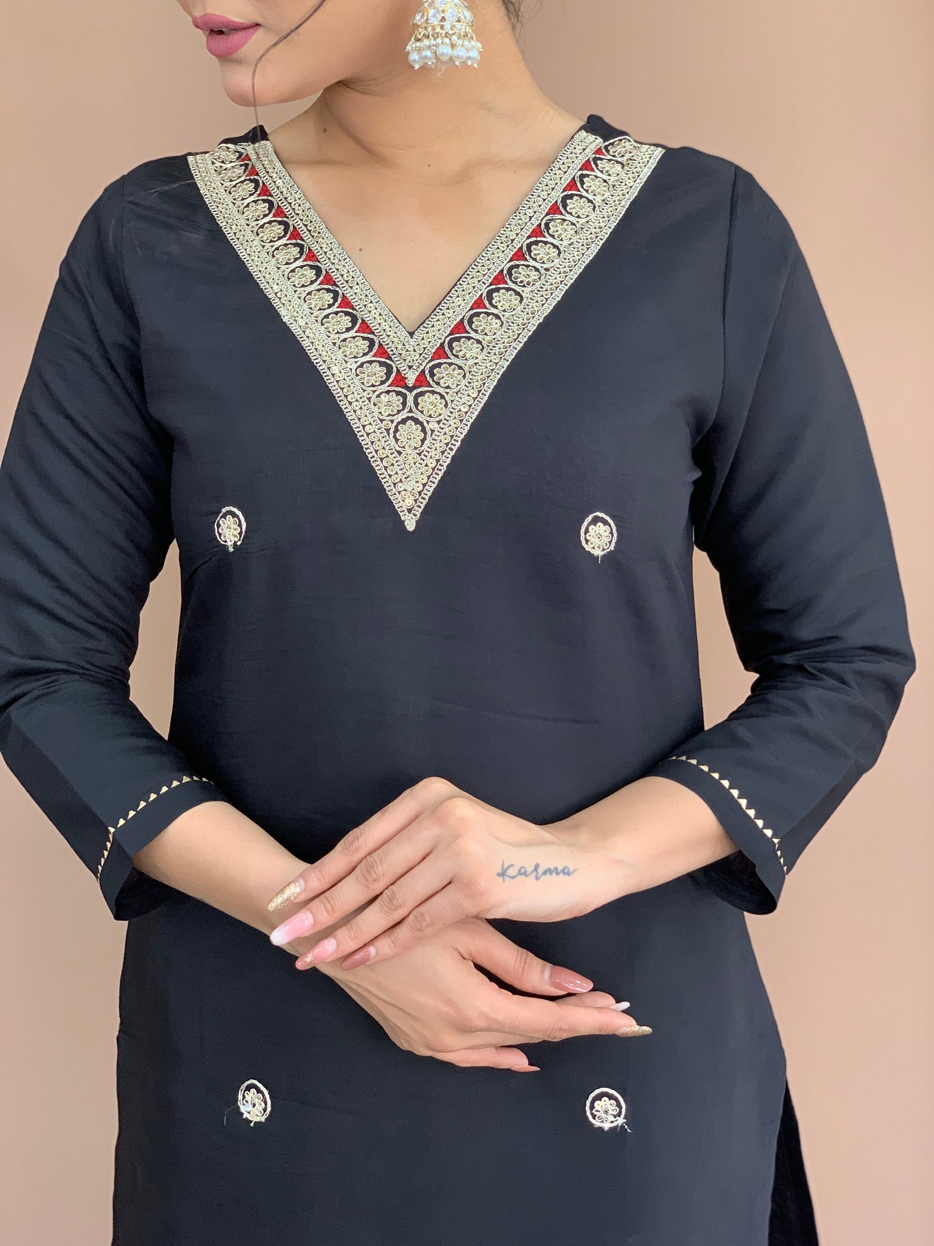 Black Rayon Embroidered Kurta Set