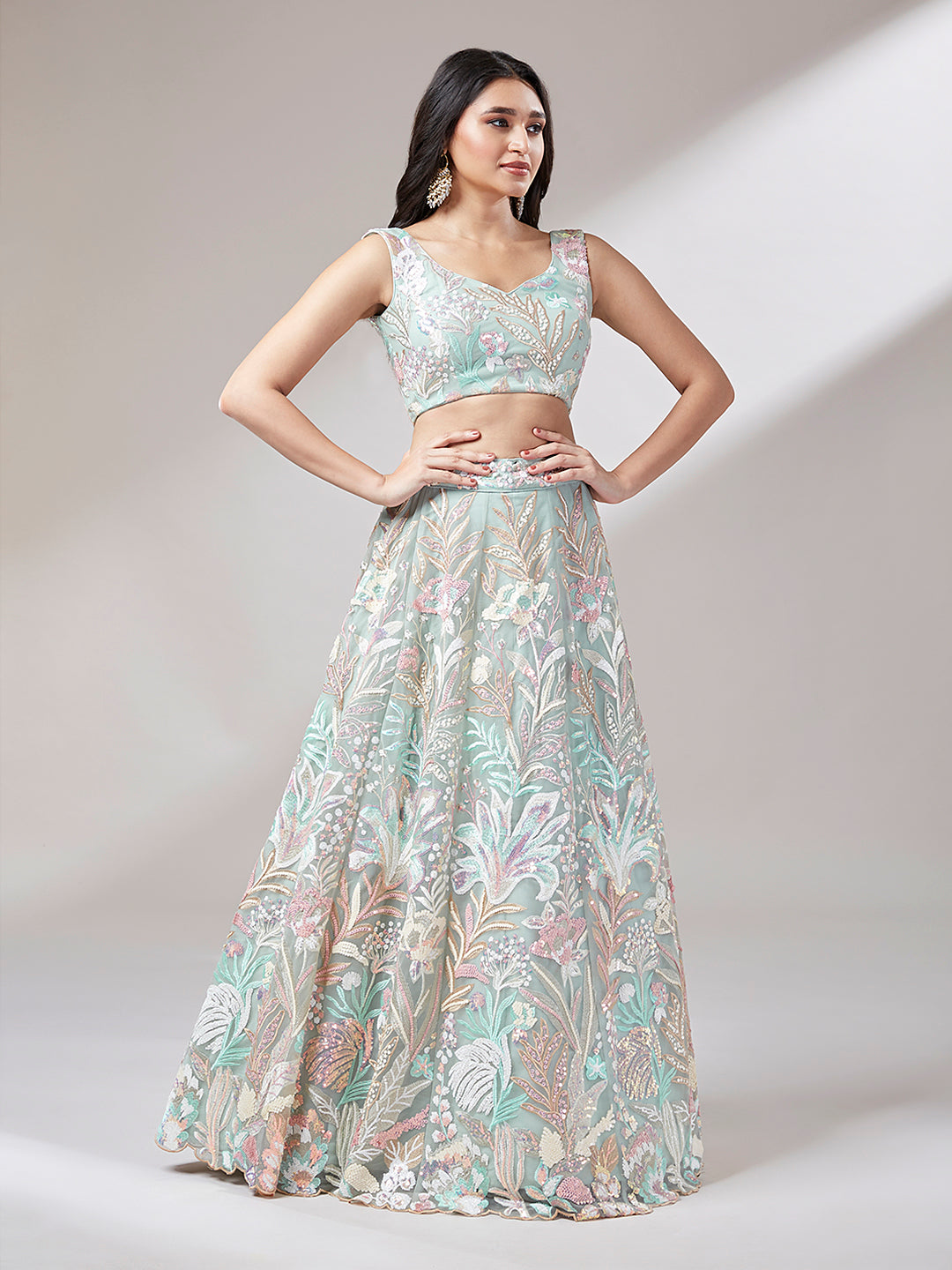 Lime Green Net Sequinse Work Lehenga Set