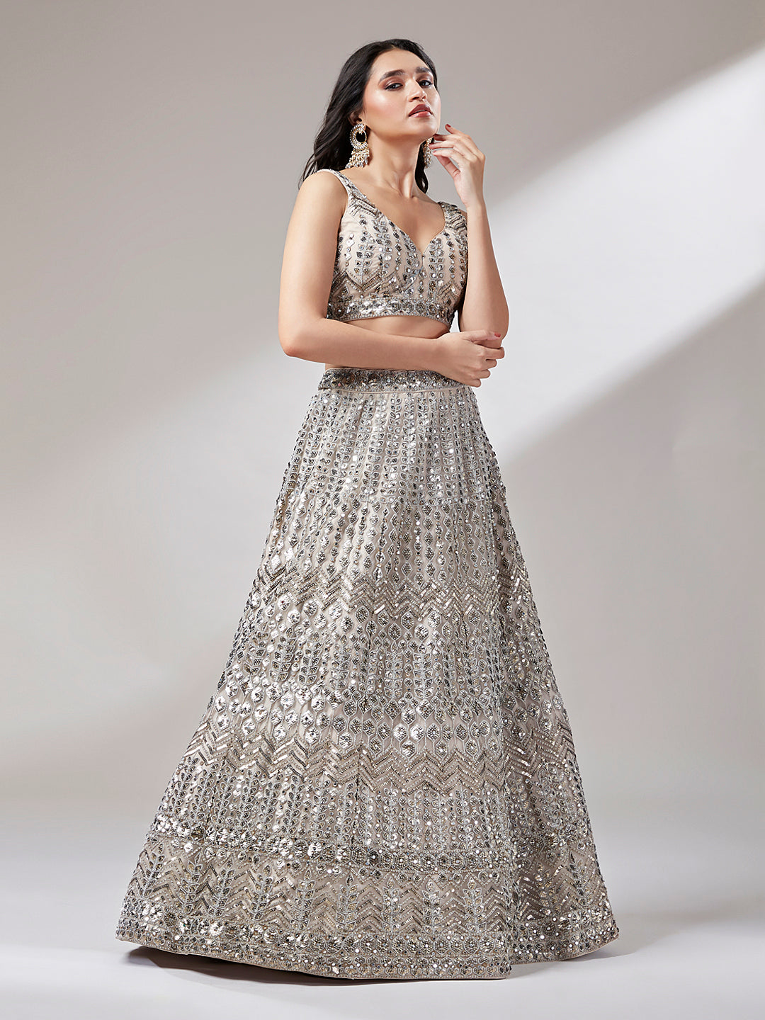Beige - Net Mirror & Sequins Embroiderey Lehenga Set