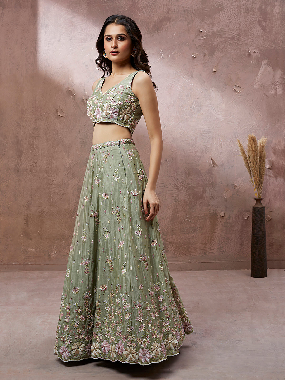 Lime Green Pure Georgette Sequins with heavy Zarkan embroidery Lehenga Set