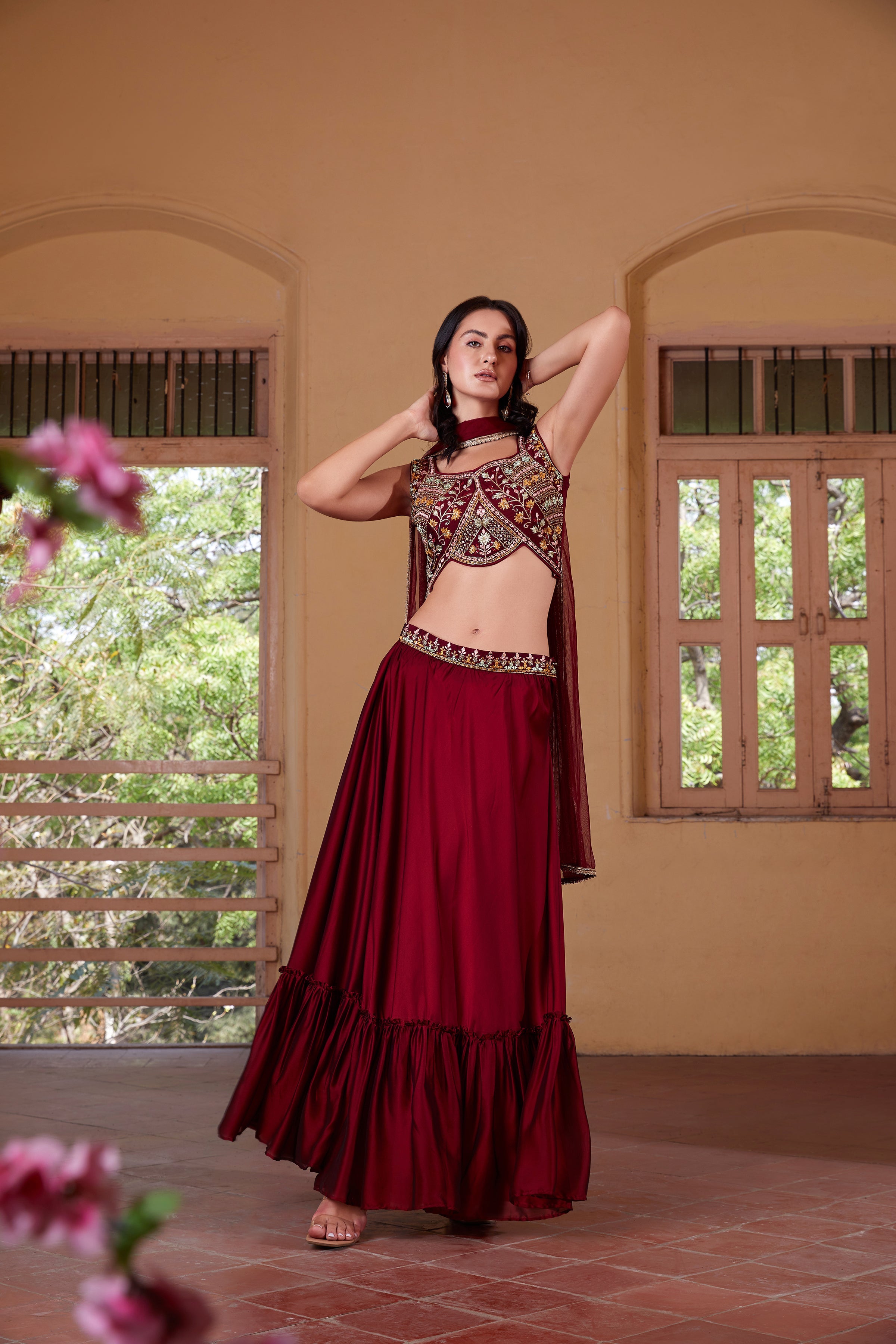 Maroon Embroidered Blouse Lehenga Set