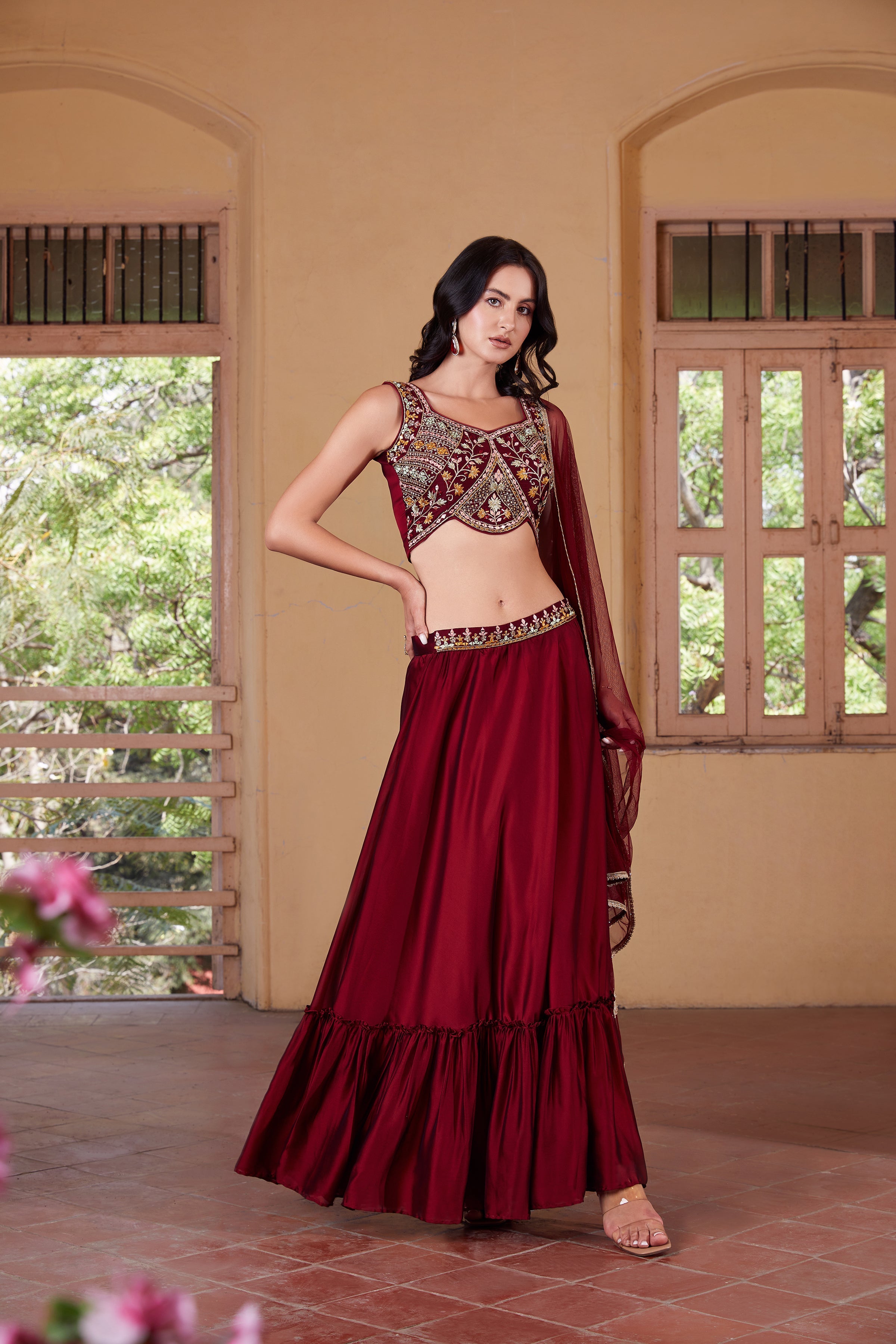 Maroon Embroidered Blouse Lehenga Set