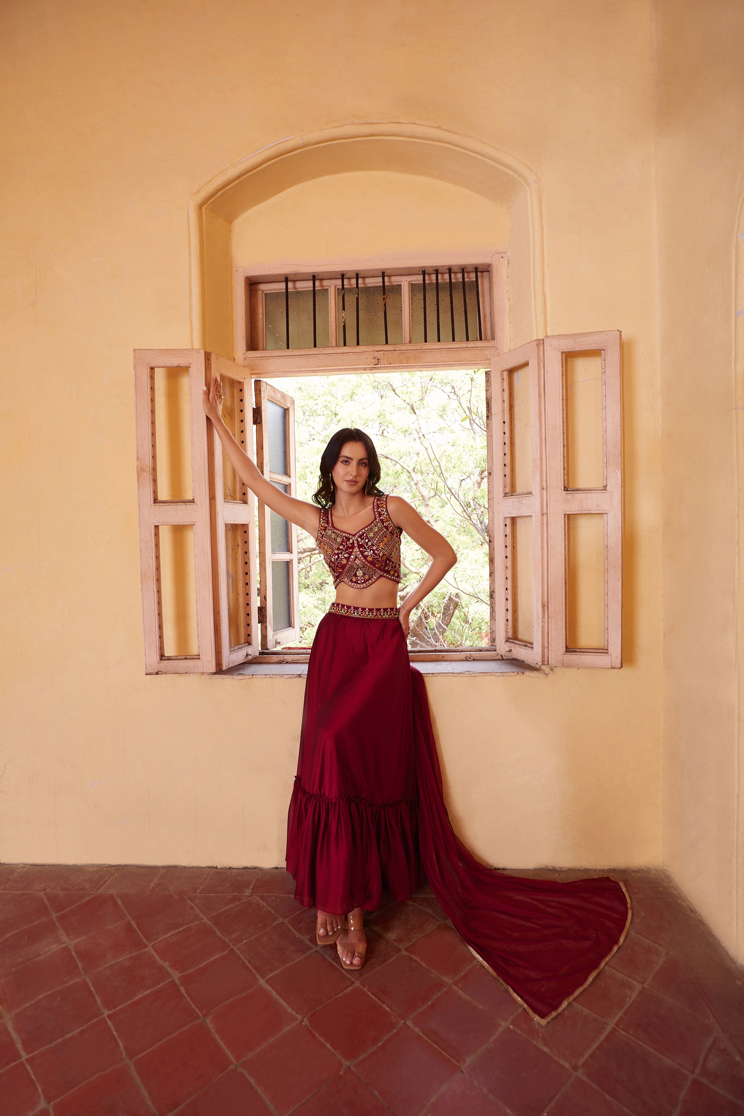 Maroon Embroidered Blouse Lehenga Set