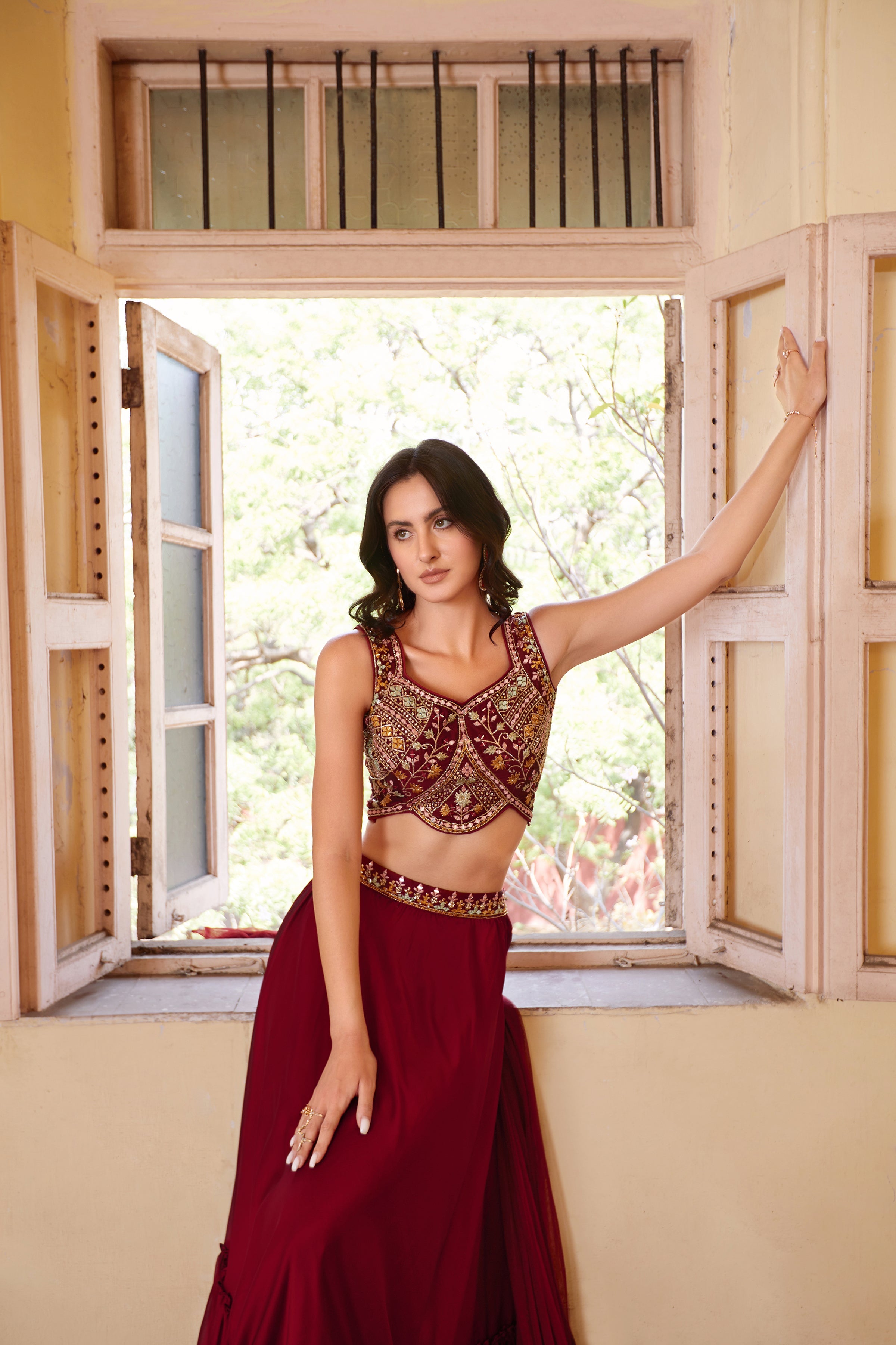 Maroon Embroidered Blouse Lehenga Set