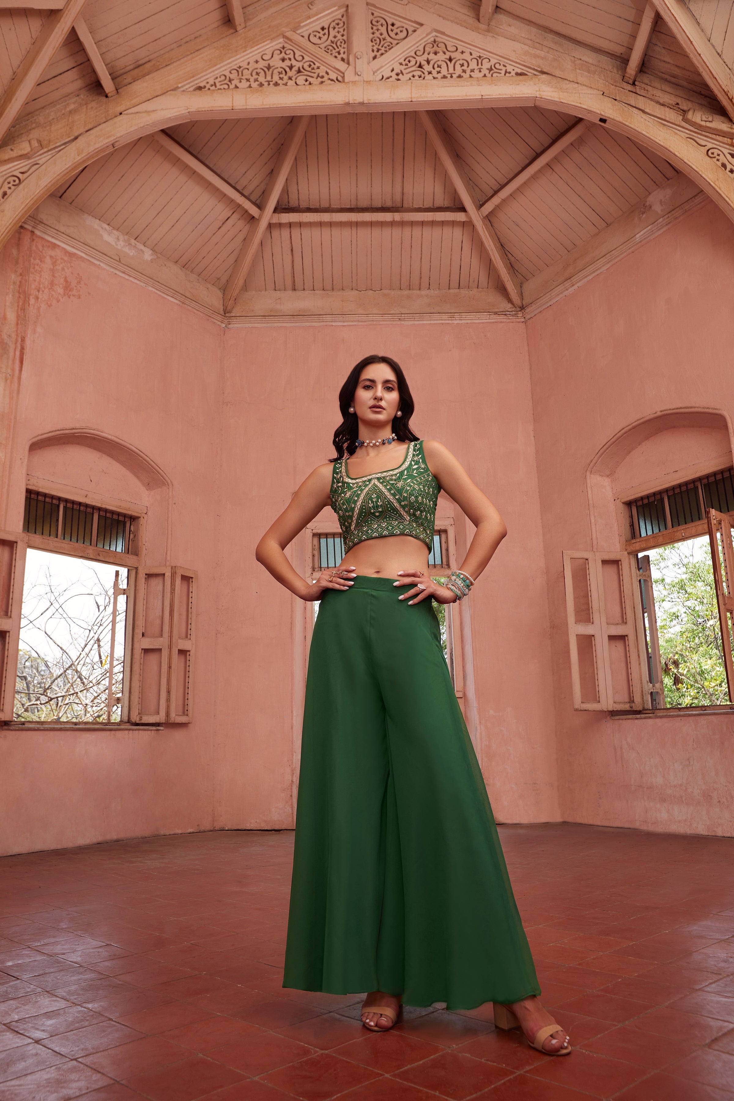 Green Embroidered Fusion Set