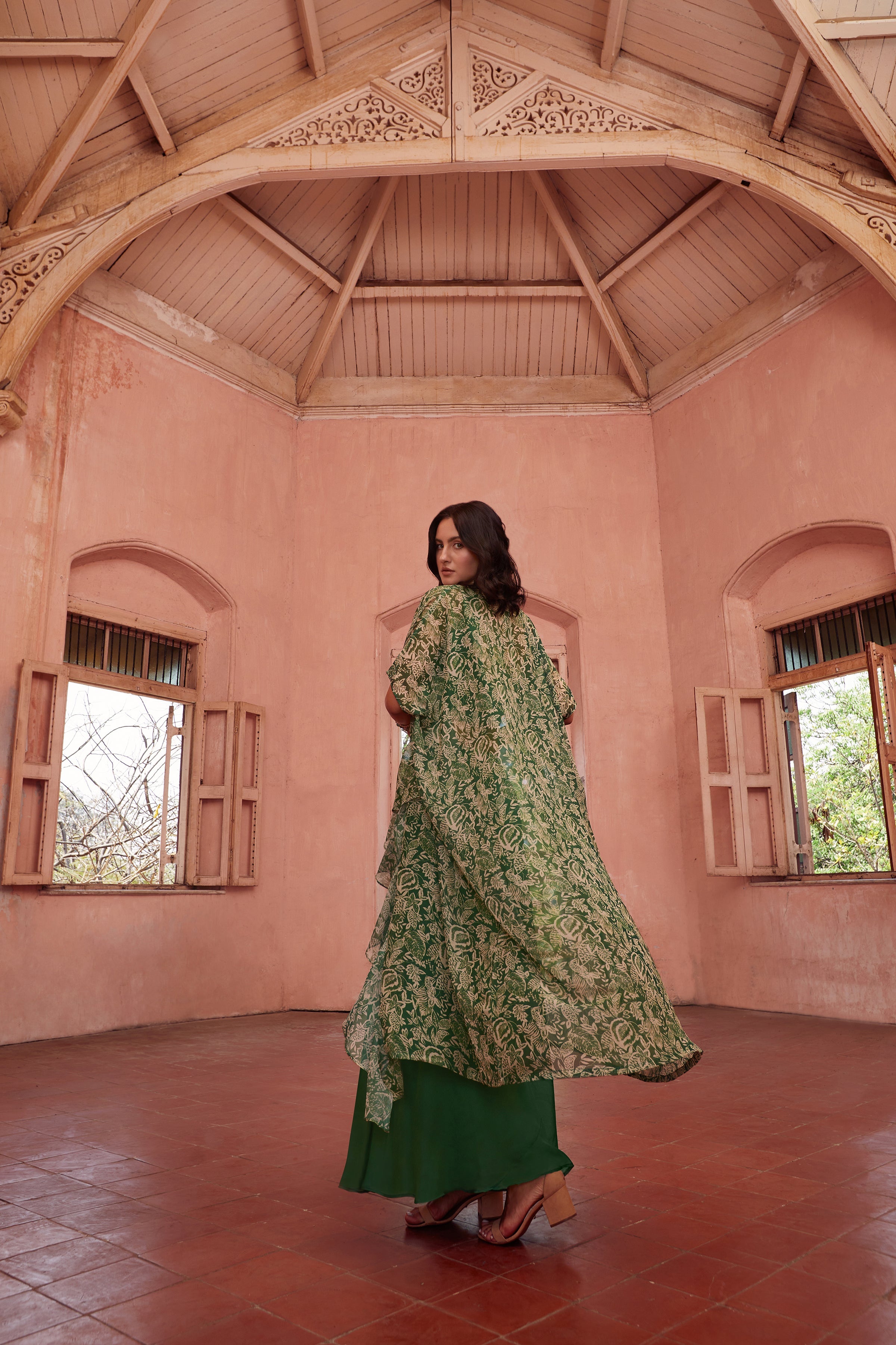Green Embroidered Fusion Set