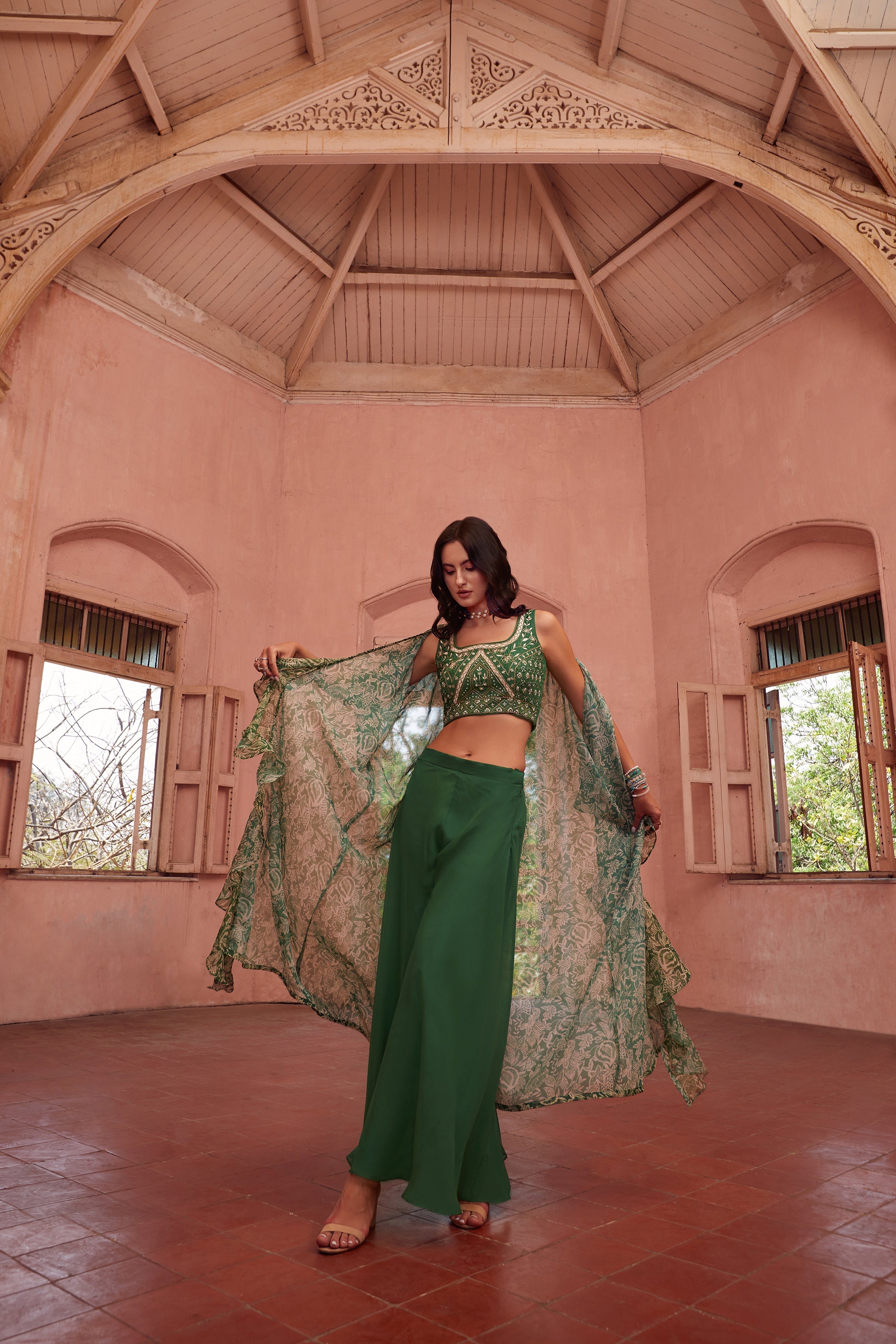 Green Embroidered Fusion Set