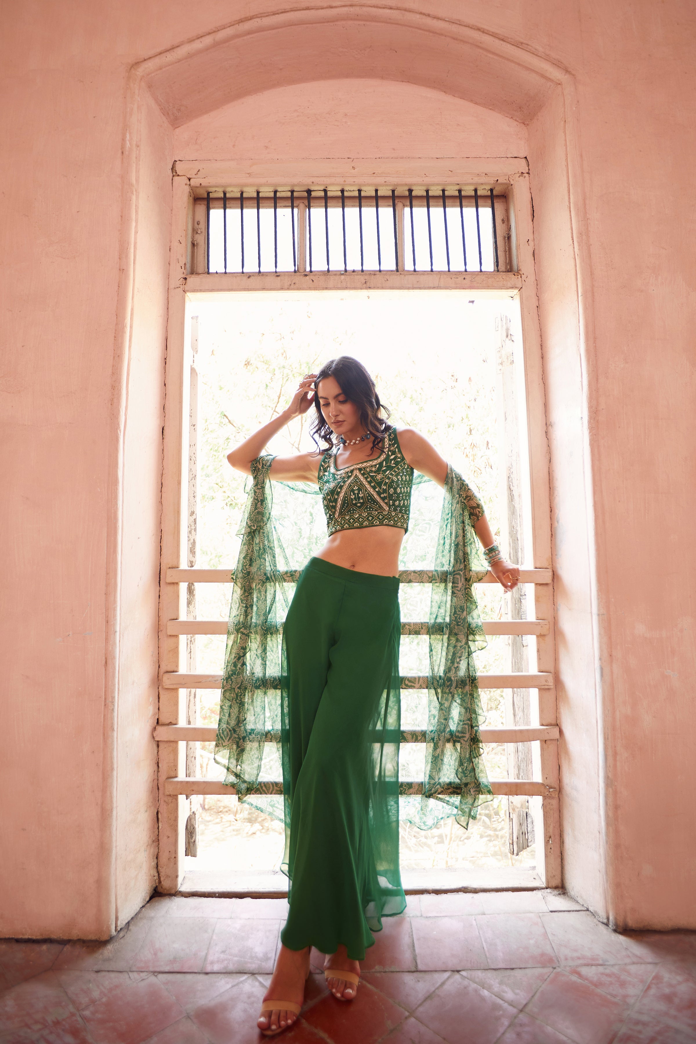 Green Embroidered Fusion Set