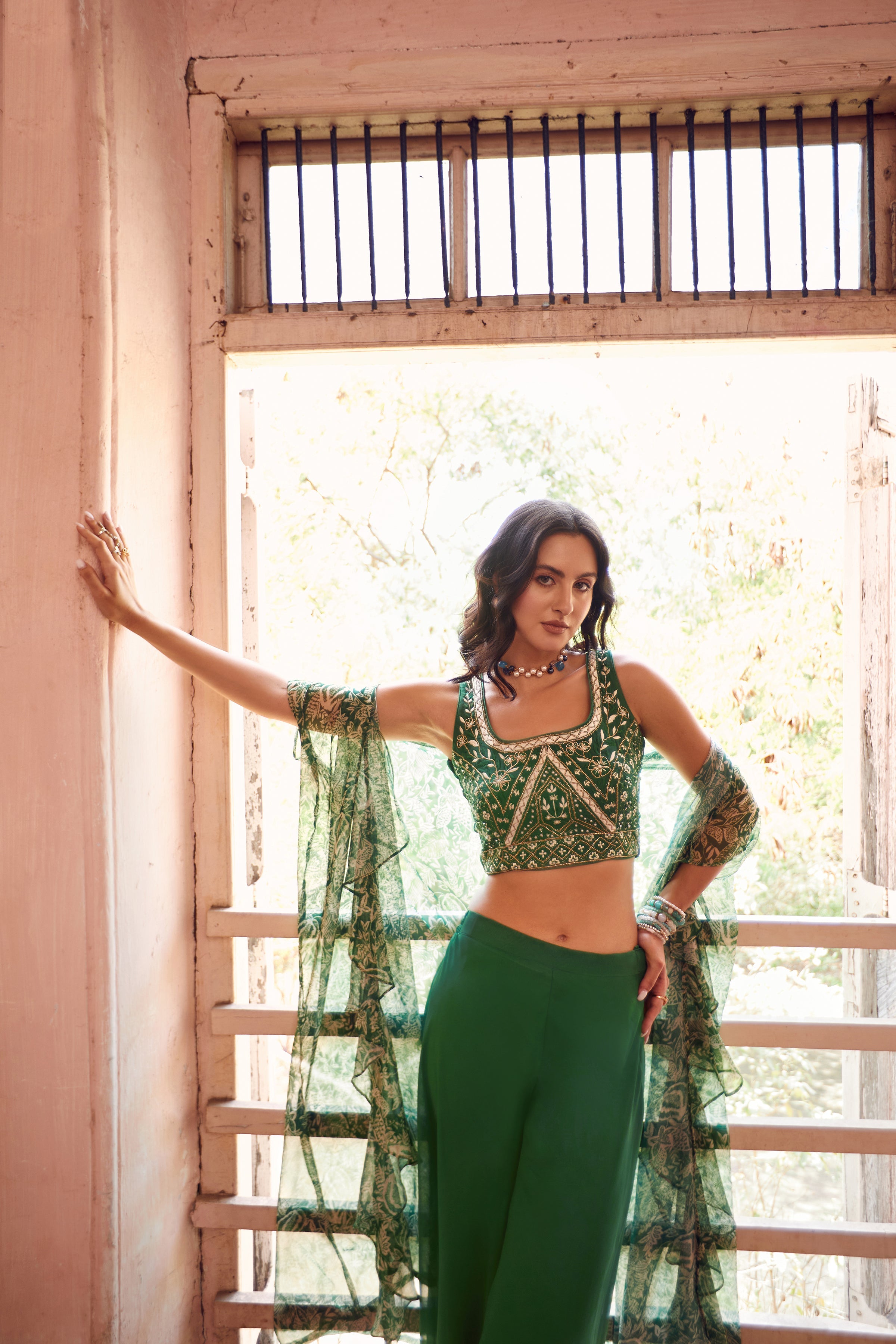 Green Embroidered Fusion Set