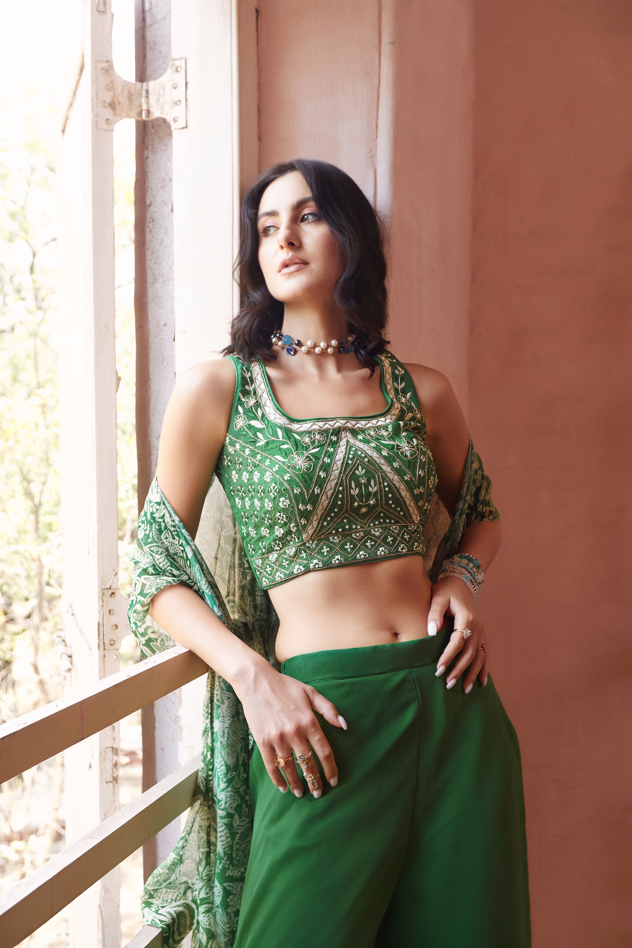 Green Embroidered Fusion Set