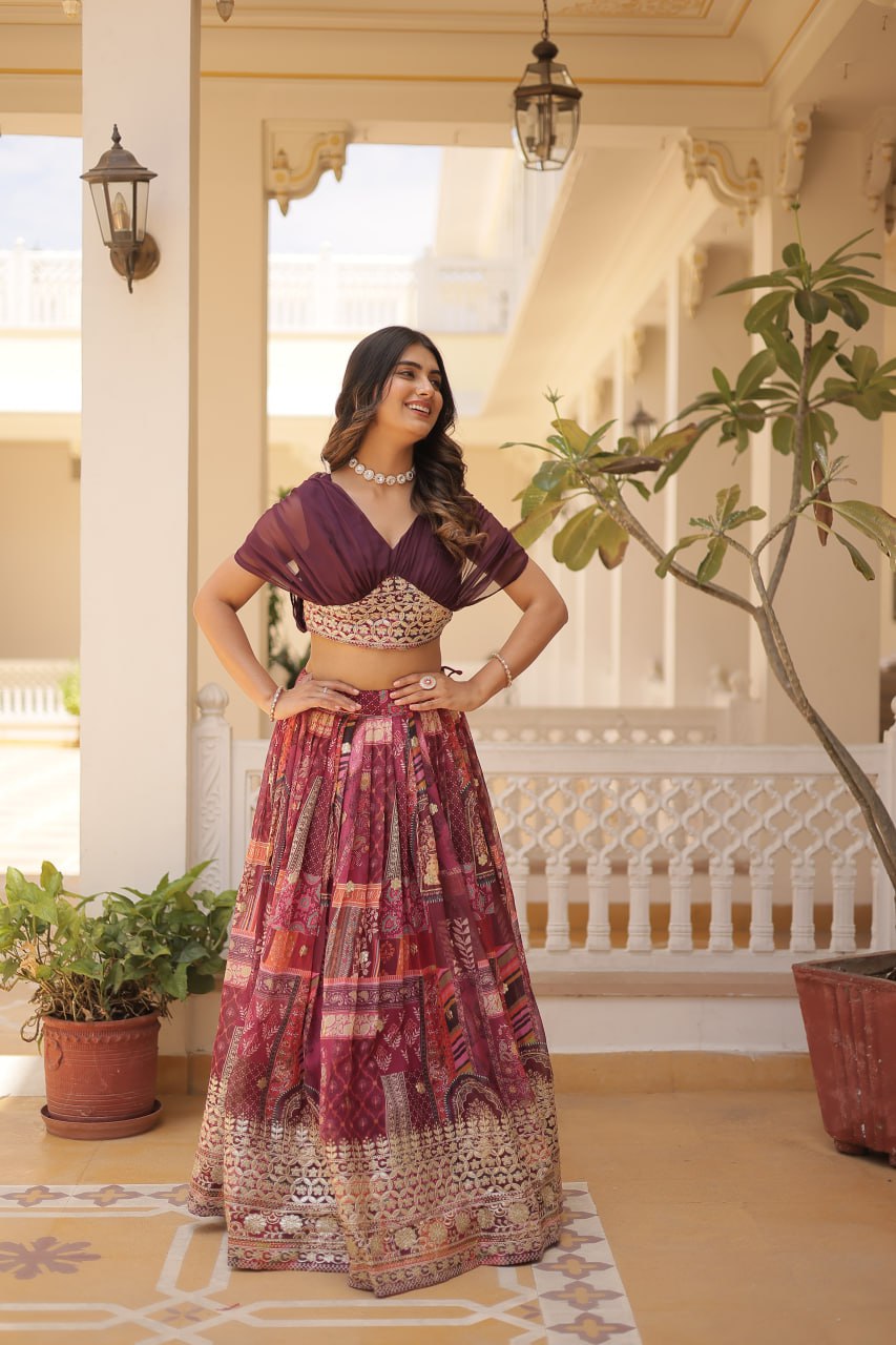 Wine Yoke Embroidered Lehenga Set