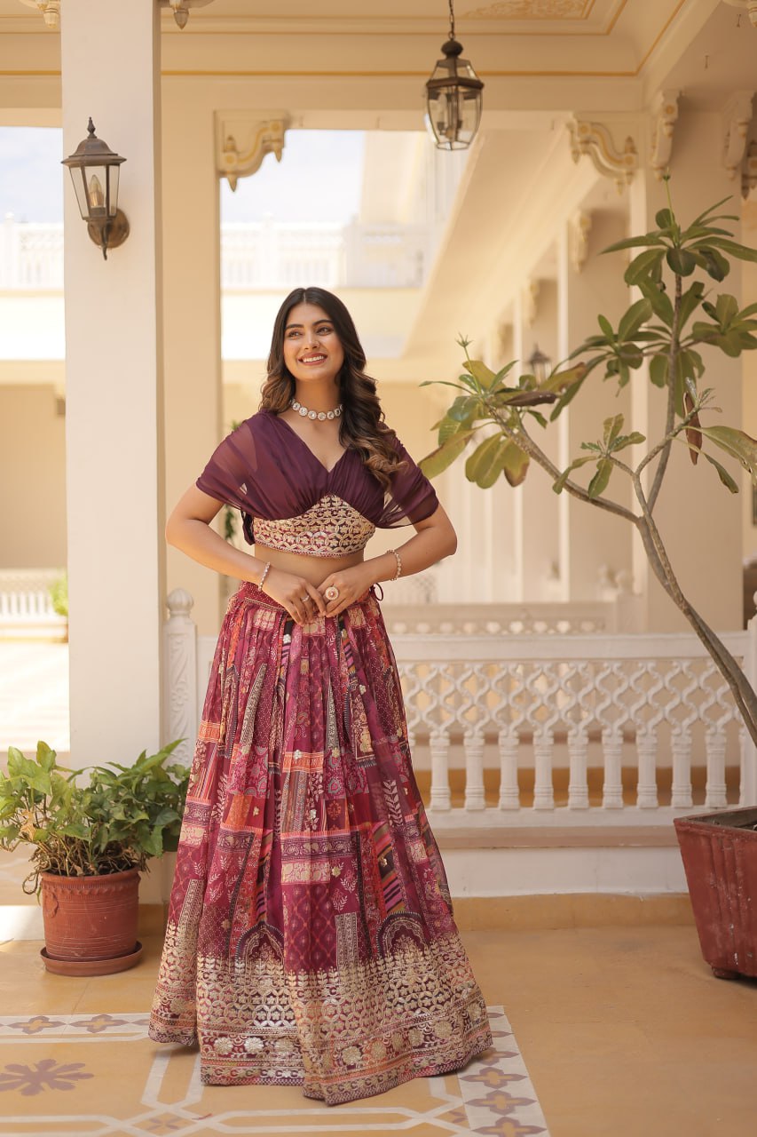 Wine Yoke Embroidered Lehenga Set