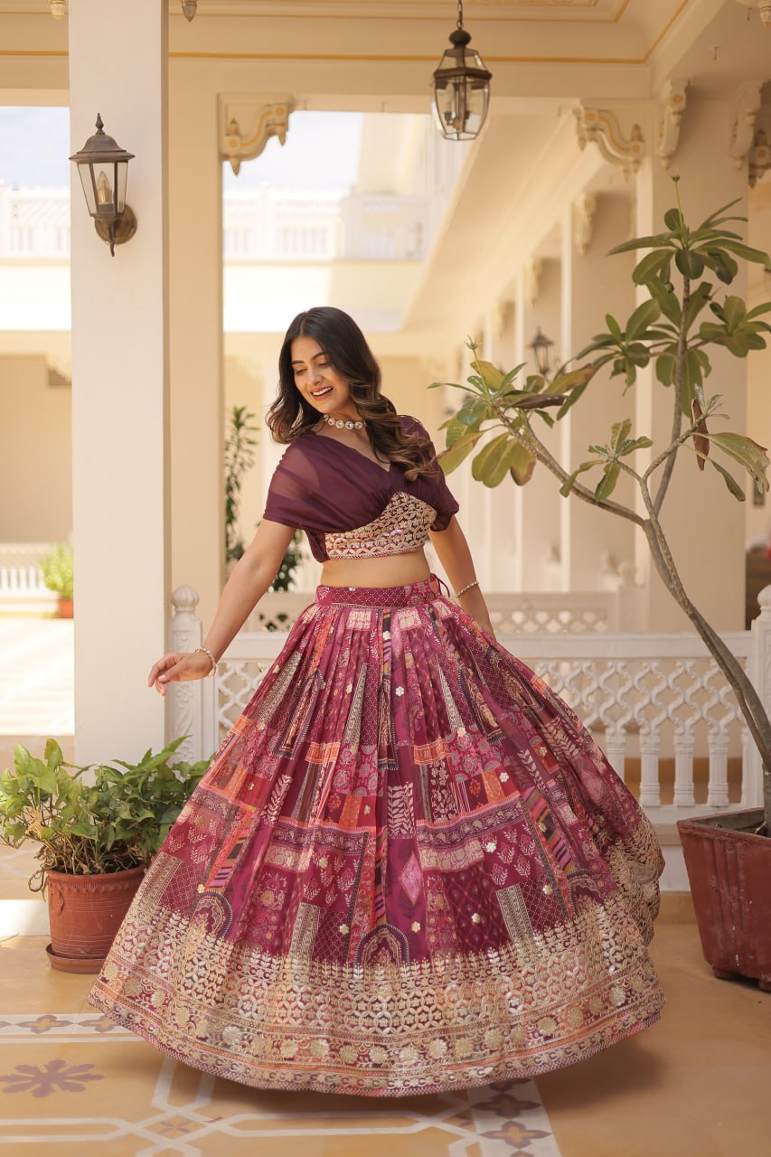 Wine Yoke Embroidered Lehenga Set