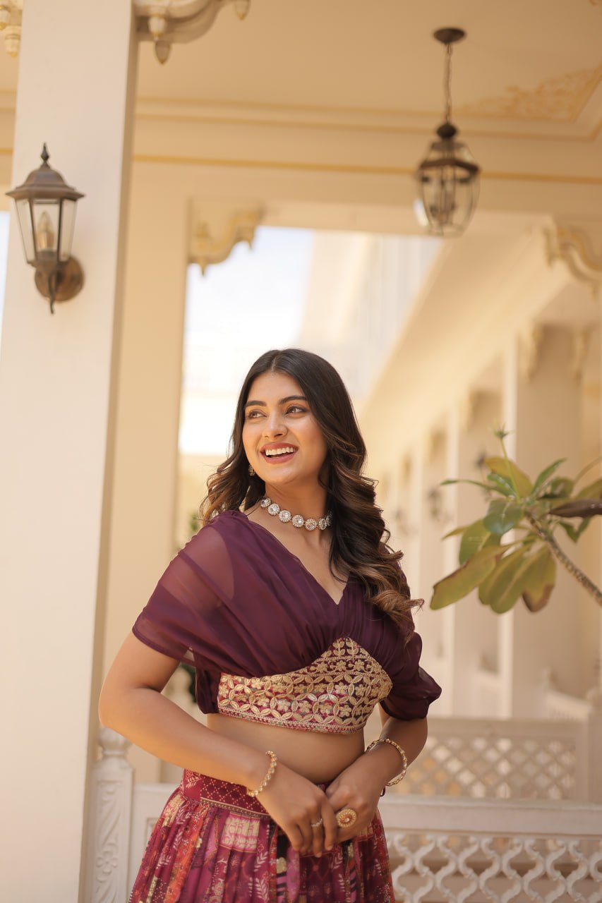 Wine Yoke Embroidered Lehenga Set