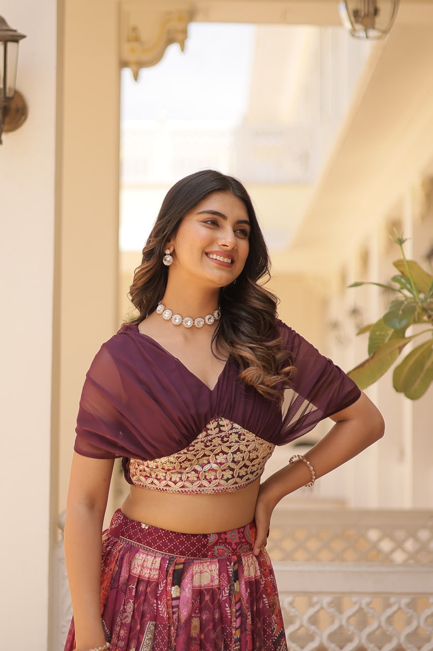Wine Yoke Embroidered Lehenga Set