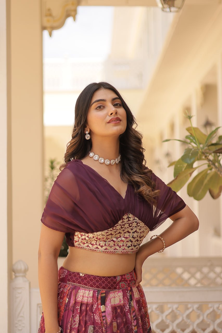 Wine Yoke Embroidered Lehenga Set
