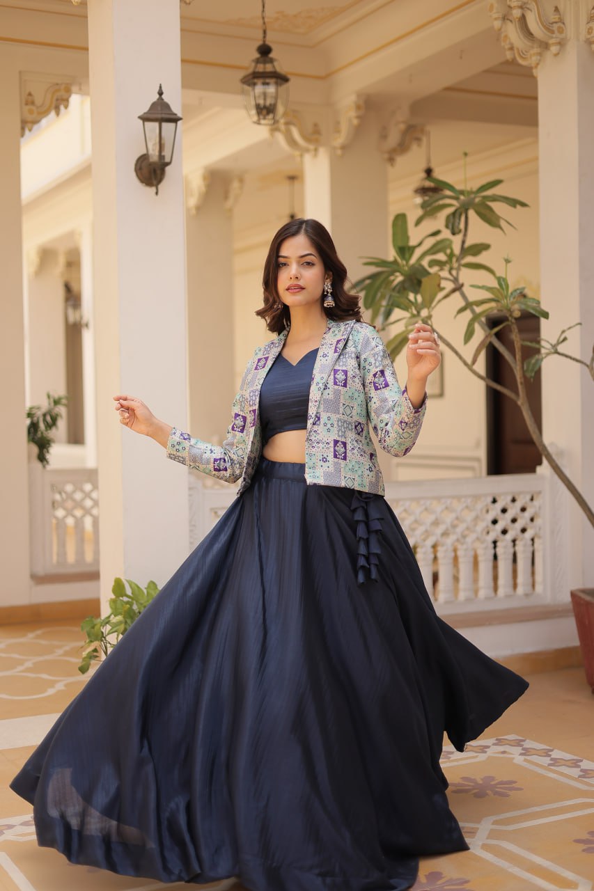 Blue Crop Jacket Lehenga Set