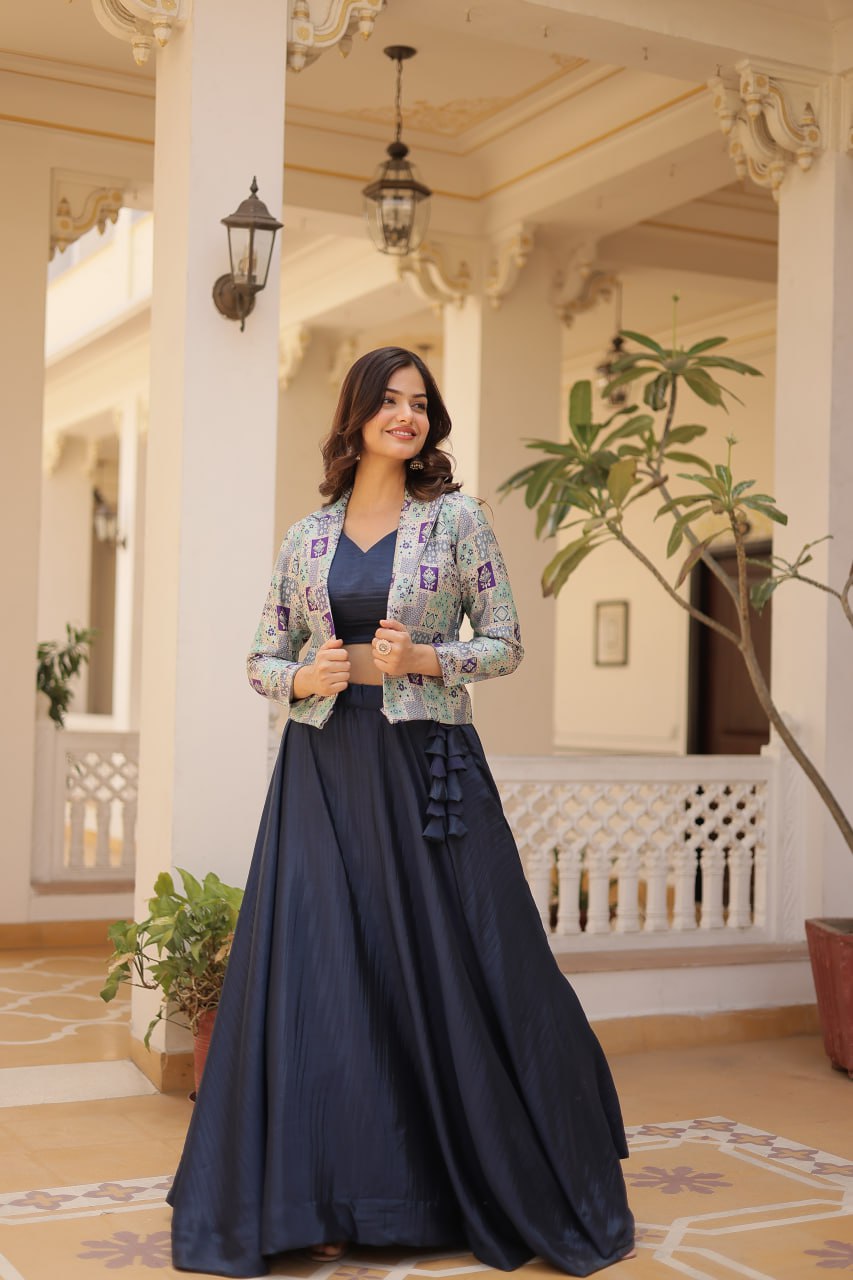 Blue Crop Jacket Lehenga Set