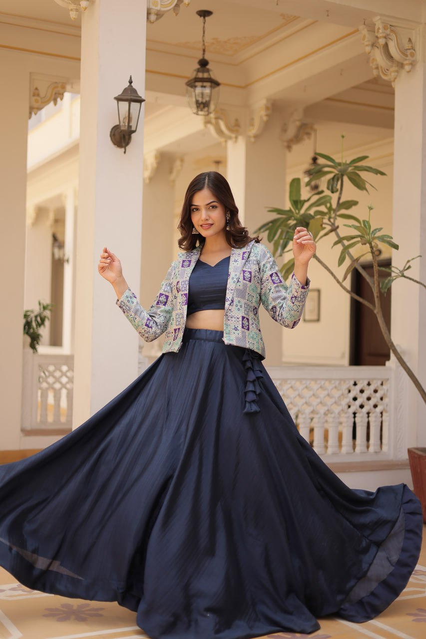 Blue Crop Jacket Lehenga Set