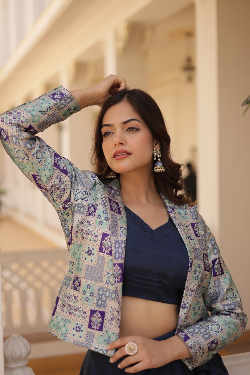 Blue Crop Jacket Lehenga Set