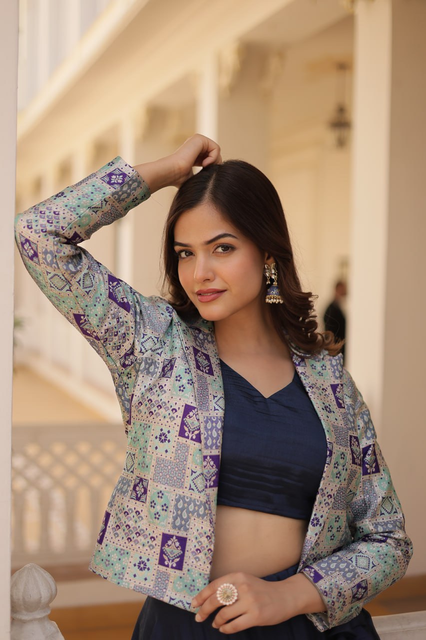 Blue Crop Jacket Lehenga Set