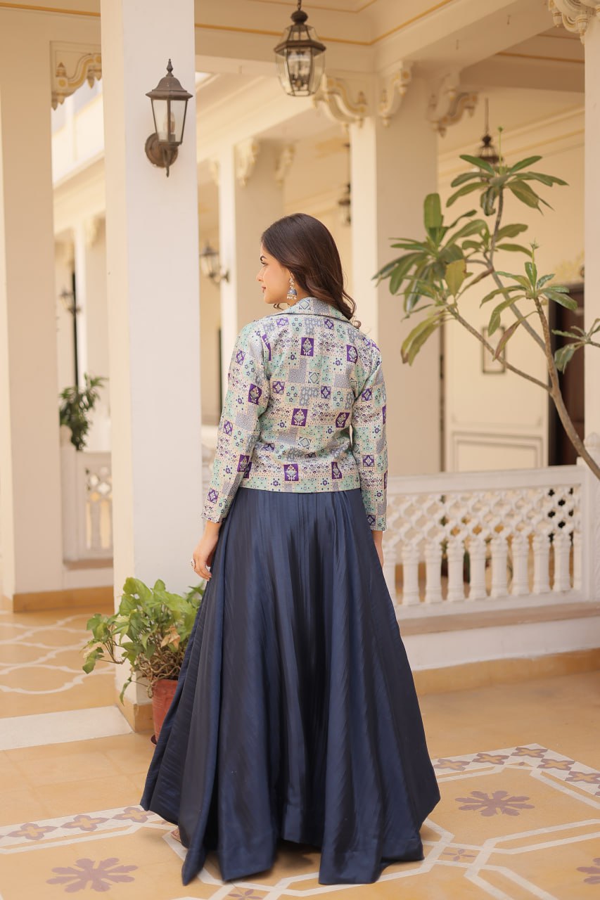 Blue Crop Jacket Lehenga Set