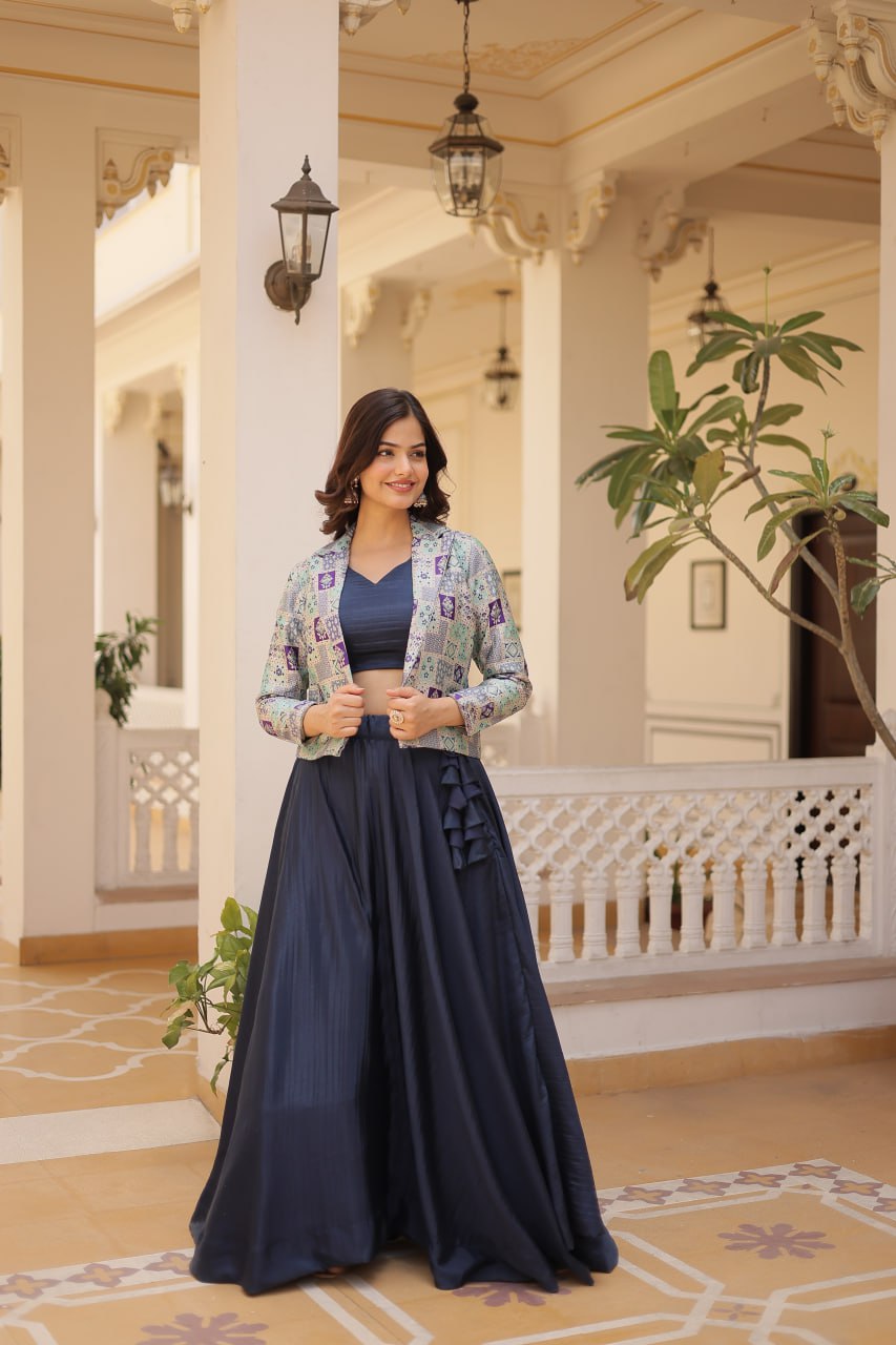 Blue Crop Jacket Lehenga Set