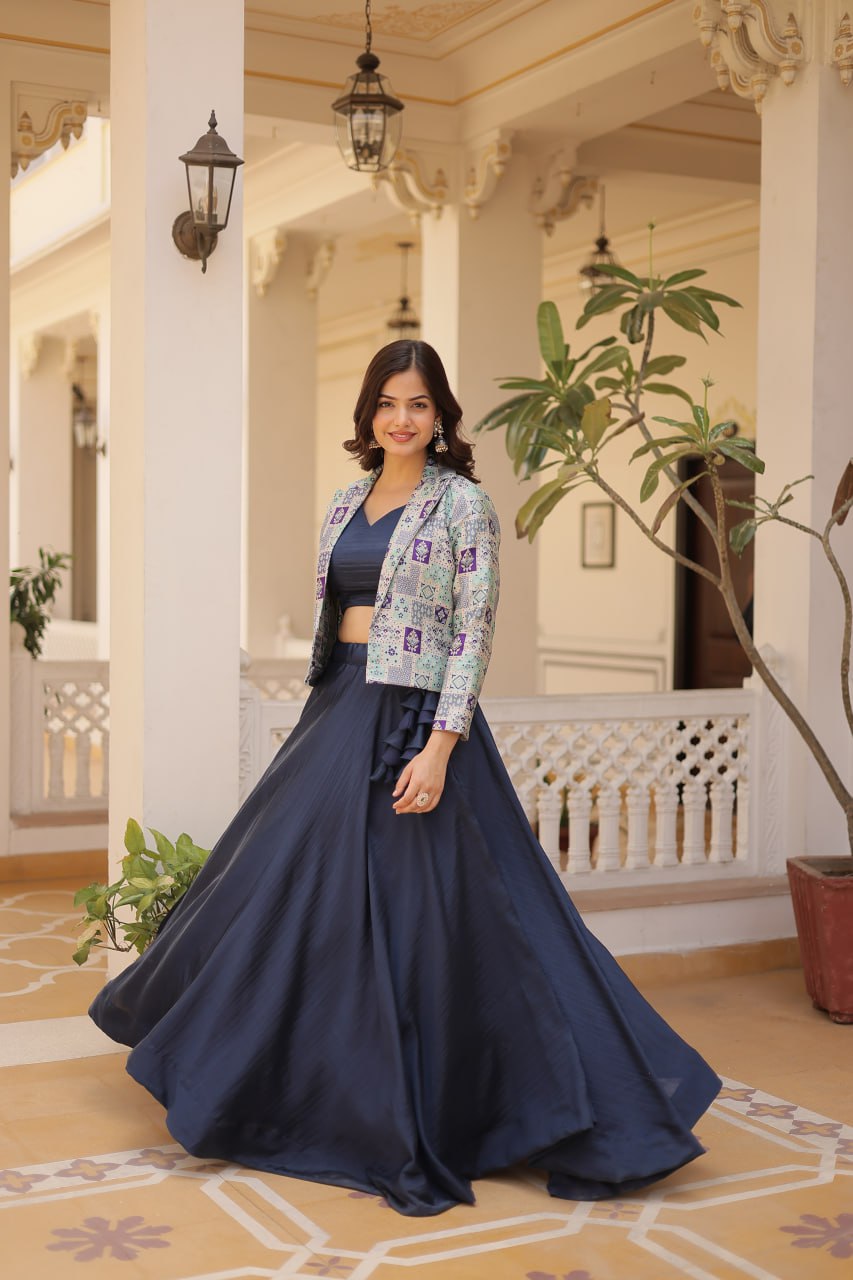 Blue Crop Jacket Lehenga Set