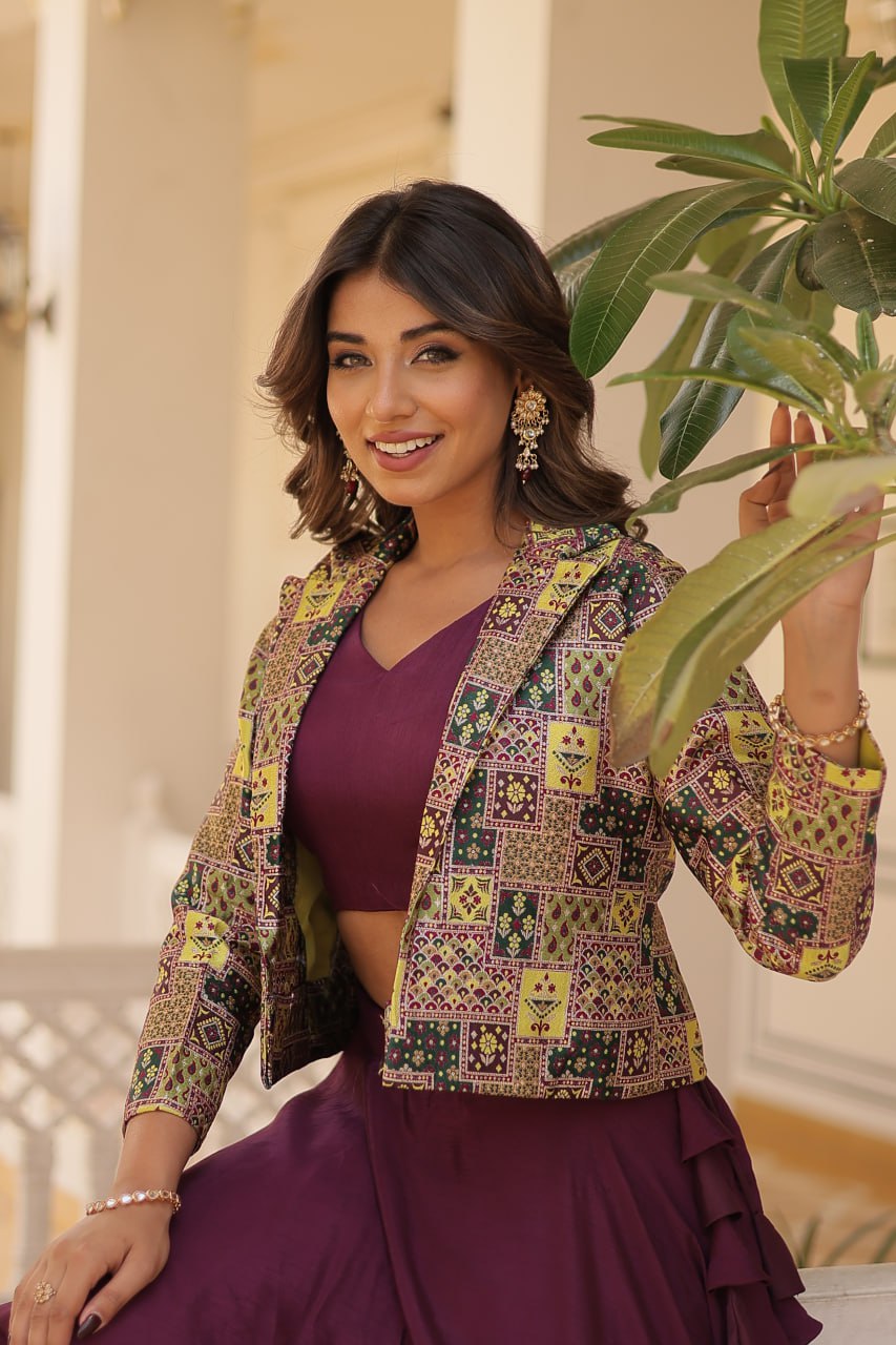 Wine Crop Jacket Lehenga Set