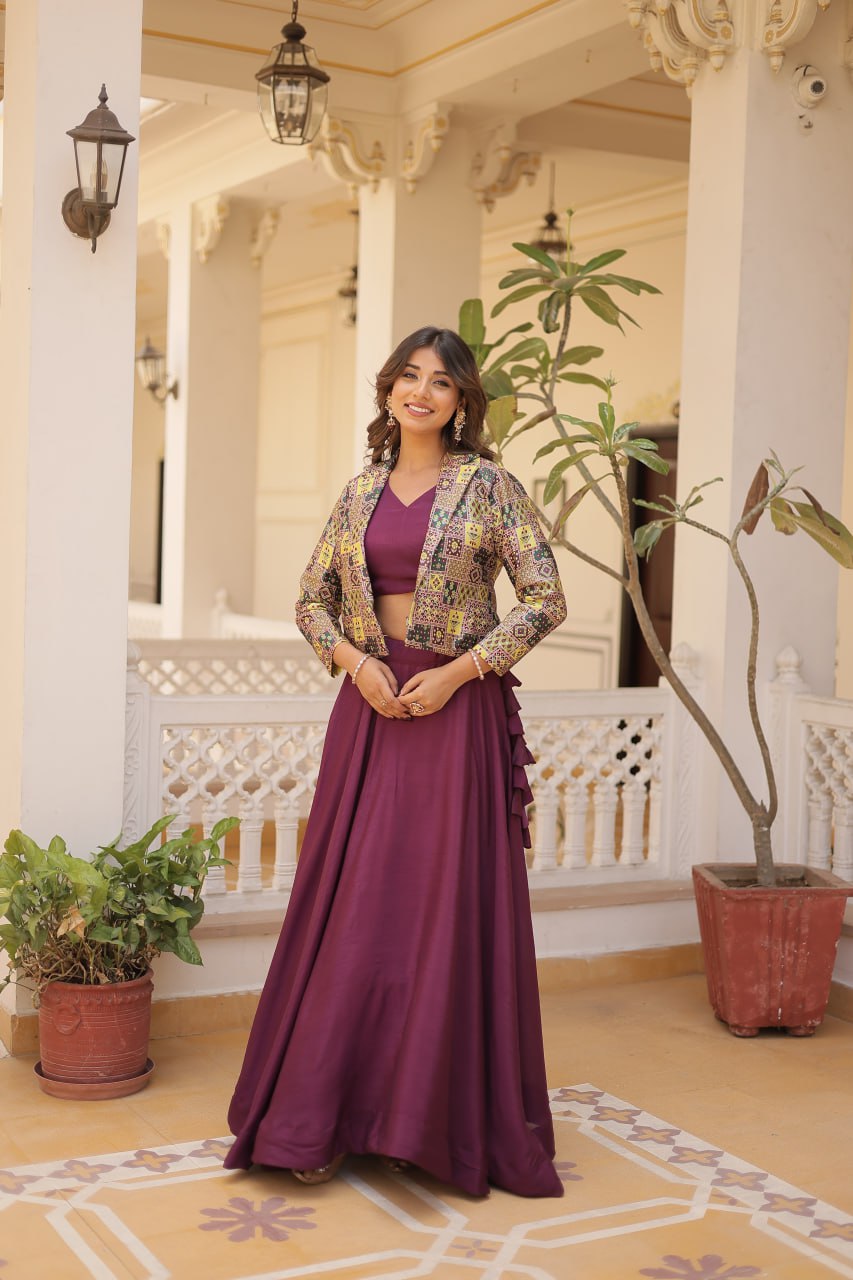 Wine Crop Jacket Lehenga Set