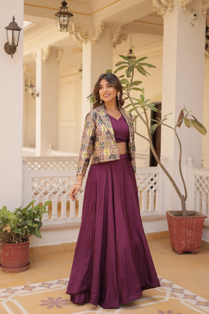 Wine Crop Jacket Lehenga Set