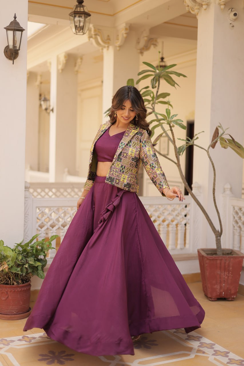 Wine Crop Jacket Lehenga Set