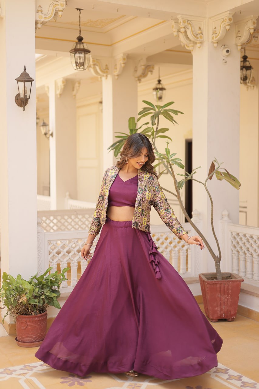 Wine Crop Jacket Lehenga Set