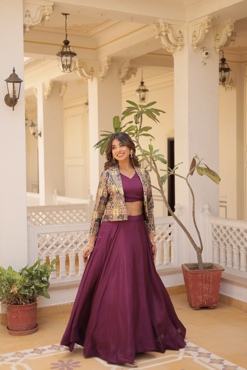 Wine Crop Jacket Lehenga Set