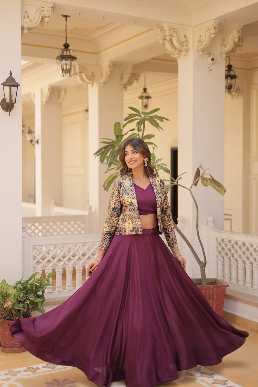 Wine Crop Jacket Lehenga Set